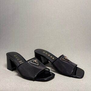 Guess‎ Gables Black Heeled Sandals 7M Square Toe Slide Block Heel Logo Detail